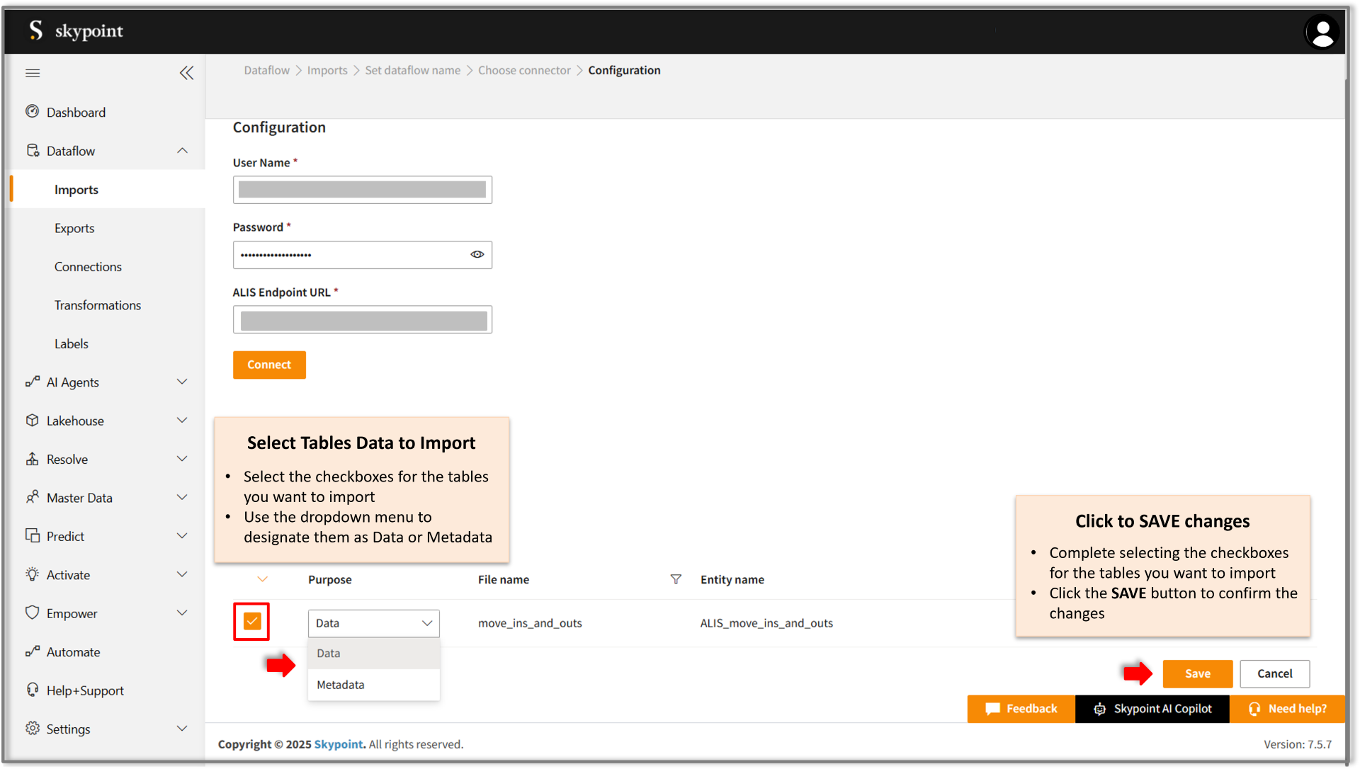 select alis table to import data to skypoint ai