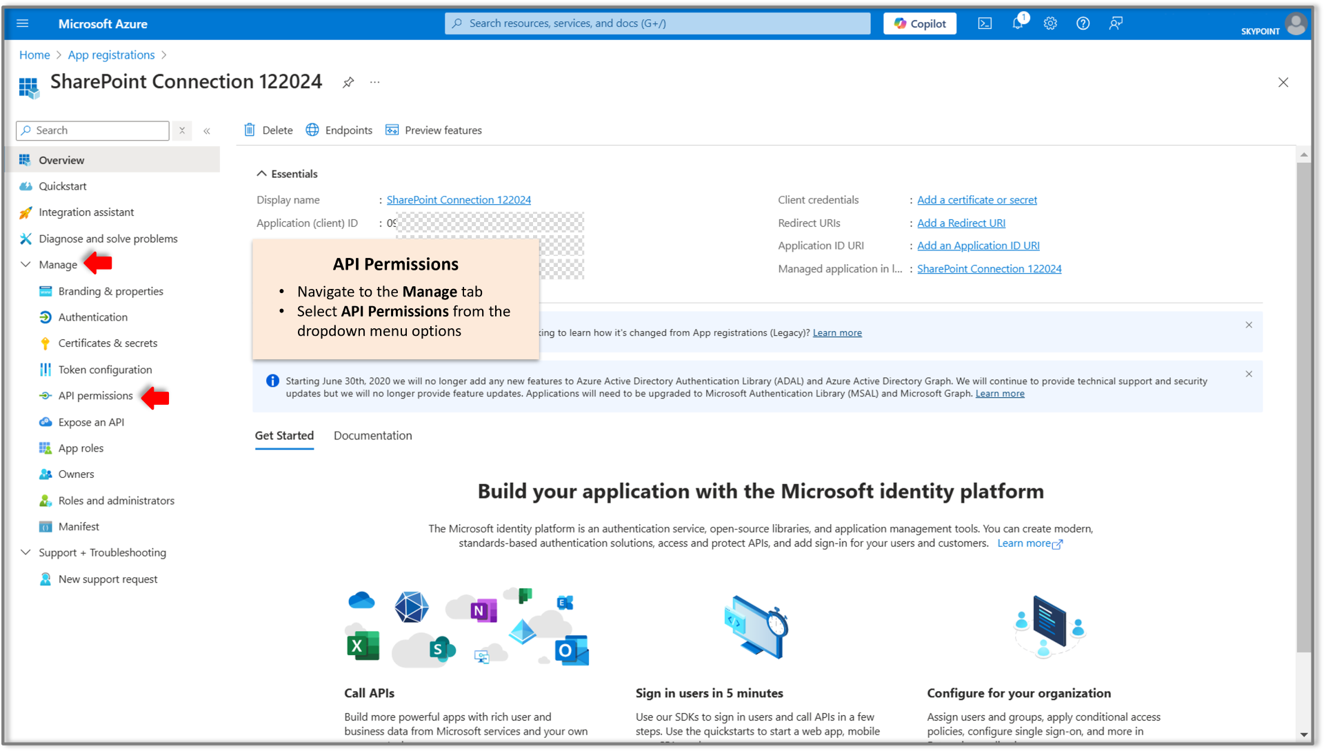 Click on the manage tab and then api permissions