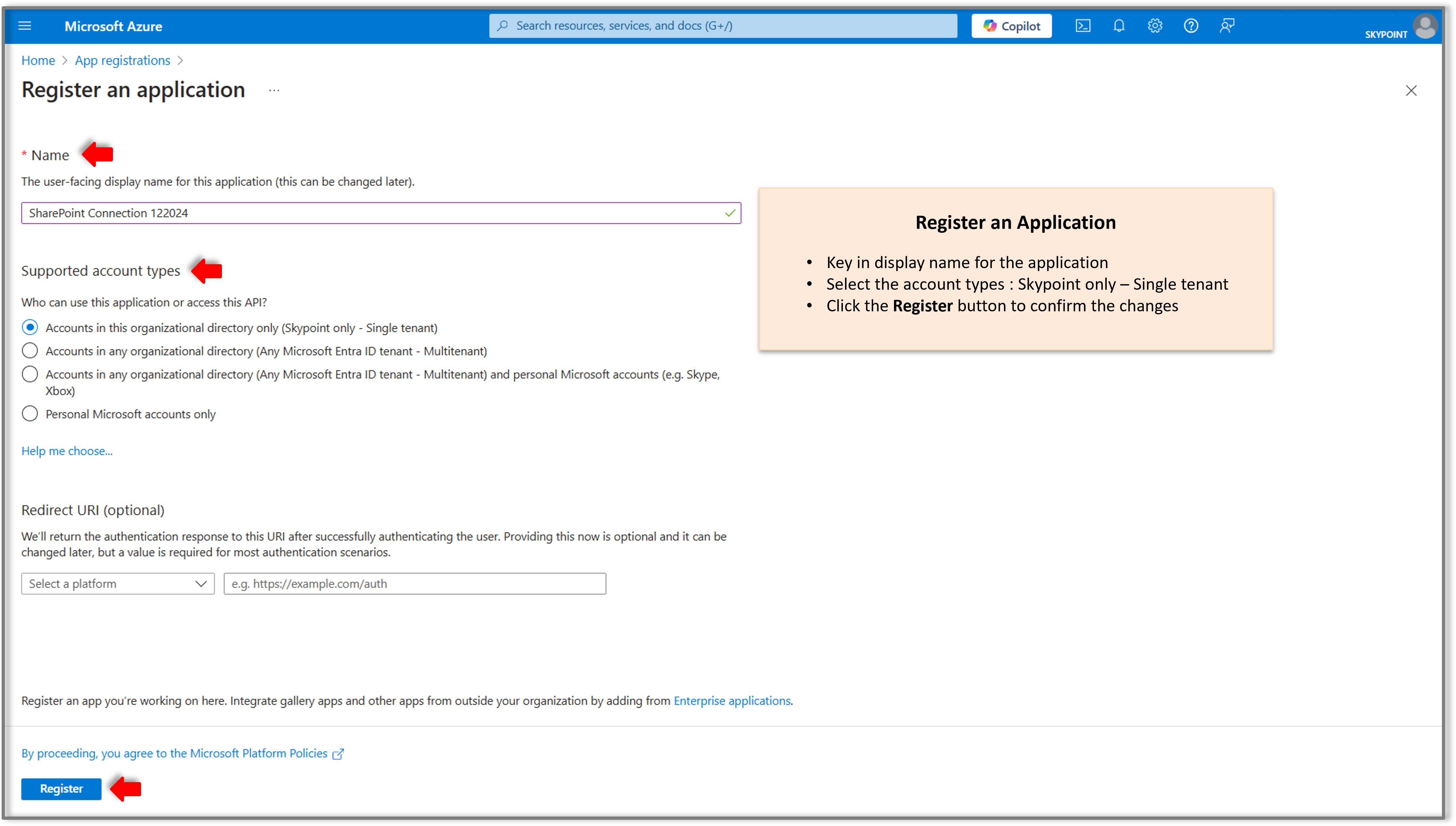 Enter display name for application registration