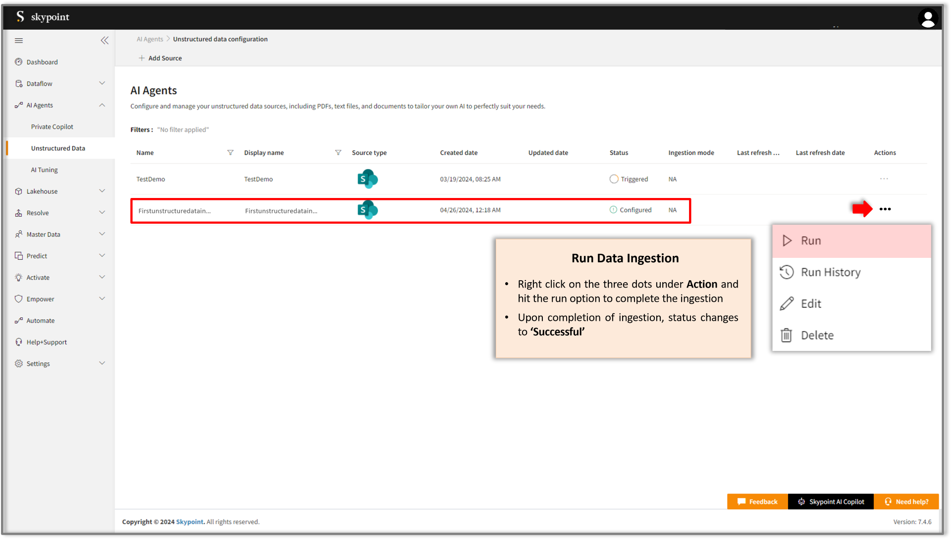 Check status for data ingestion